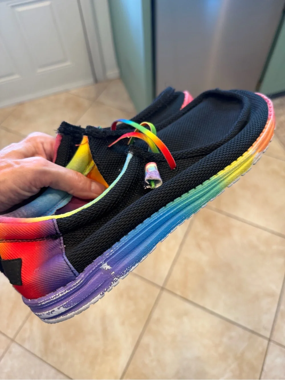 Hey Dude Black Slip-On Loafers with Rainbow Sole and Accents Sz 12